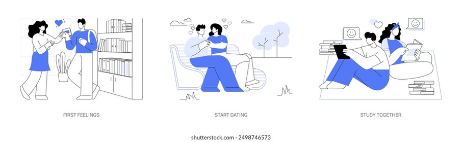 Students romantic moments isolated cartoon vector illustrations set. First feelings, looking at each other in library, boy and girl start dating, holding hands, study together vector cartoon.