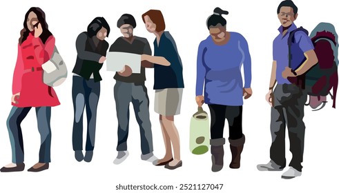 students in a row, various poses - holding bags, holding books, using a laptop, chatting