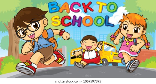 Students are running into school, Concept back to school, Cute vector, Cute cartoon