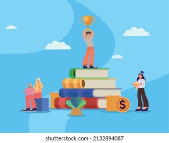 students scholarship with books characters