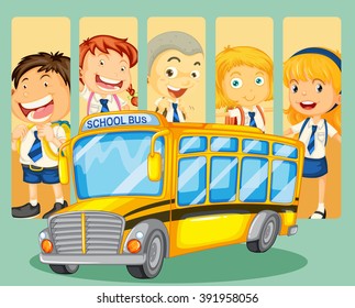 Students and school bus illustration