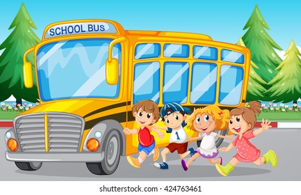 Students School Bus On Road Illustration Stock Vector (Royalty Free ...