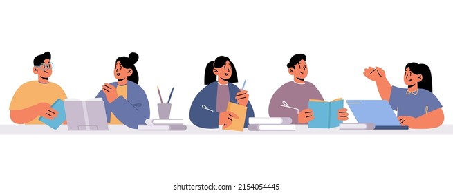 Students, School Children Study Together, Reading Books And Learning. Vector Flat Illustration Of Happy Kids, Primary School Pupils Sitting At Table In Education Class Or Library