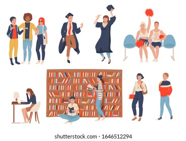 Students in school, college or university, set of cartoon characters, vector illustration. Hand drawn people studying in college, reading books in library. Students education, learning and graduation