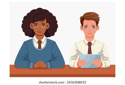 Students in school costumes sit at the same desk. A teenager holds a tablet with a touch screen. African American woman in a tie in class. Concept of work, study, professional practice