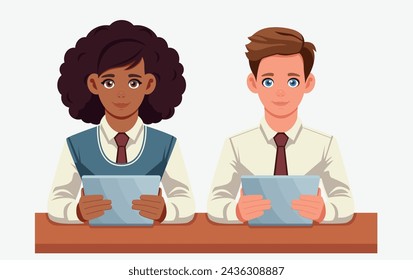 Students in school costumes sit at the same desk. Teenagers holding a touch screen tablet. African American woman in a tie in class. Concept of work, study, professional practice