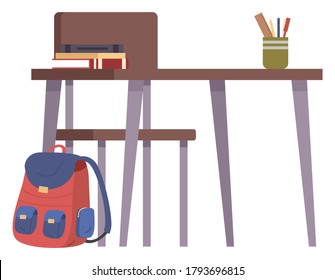 Student's school desk with stack of books and a pen holder in a cartoon style. Back to school concept. Chair and backpack, books with stationery on the table for school education isolated on white