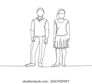 Students in school uniform, boy and girl, high school students one line art. Continuous line drawing of dress code, special clothing, school uniform, discipline.