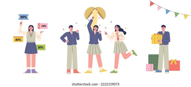 Students in school uniforms enjoy the event after college exams. Celebration firecrackers, gift box, discount coupon. flat vector illustration.