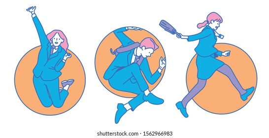 Students in school uniforms are free to jump. The business people in suits are jumping. hand drawn style vector design illustrations. 