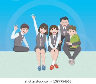 students in school uniforms. friendly schoolmates. Boys and girls sitting under the blue sky