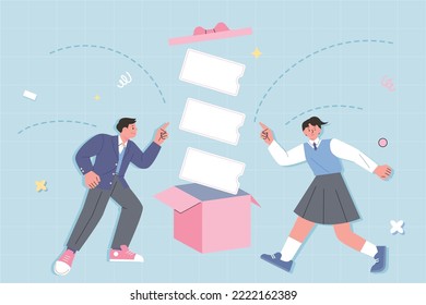 Students in school uniforms are happy to see the gift box. Event coupons pop up from the gift box. flat vector illustration.