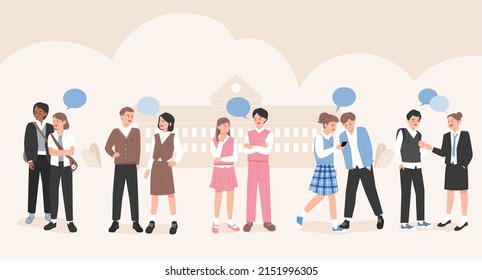 Students in school uniforms are having a conversation. flat design style vector illustration.