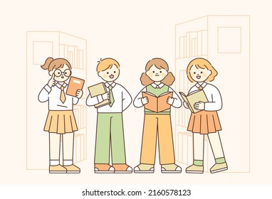 Students in school uniforms are in the library. Each is standing with a book. flat design style vector illustration.