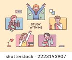 Students in school uniforms are making positive gestures in their square frames. outline simple vector illustration.