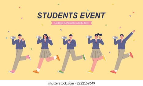 Students in school uniforms are running with test identification slips after college entrance exams. flat vector illustration.