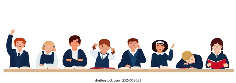 Students in school uniforms are sitting at a desk and reading a book. The concept of education. Vector illustration.