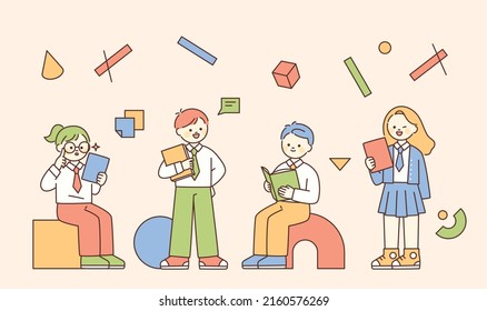 Students in school uniforms are sitting or standing with books. Basic shapes are decorated. flat design style vector illustration.