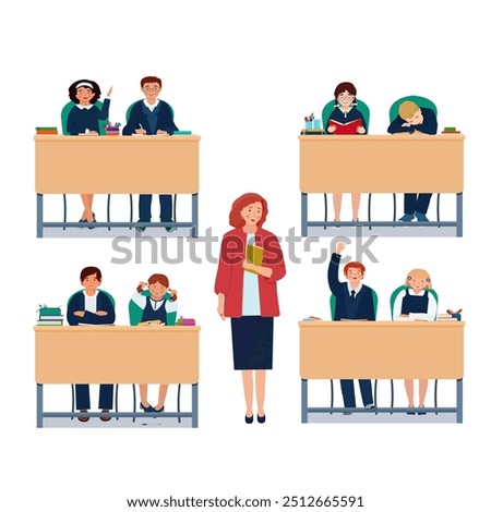 Students in school uniforms are sitting at their desks and studying. The teacher is with the students. Vector illustration.