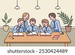 Students in school uniforms are sitting together and discussing. outline simple vector illustration.