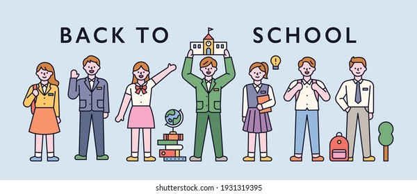 Students in school uniforms are standing in a row and greeting. flat design style minimal vector illustration.