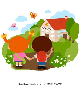 Students at the school. Vector illustration