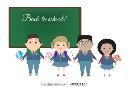 Students, schoolchildren against a chalkboard background, back to school. Children in school uniform. Multinational. School. Vector cartoons