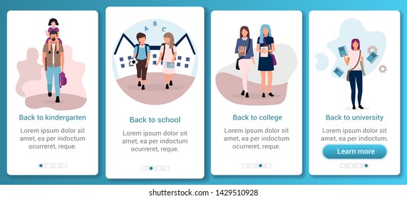 Students and schoolchildren  onboarding mobile app screen template. Back to school, college, kindergarten, university. Website steps with flat characters. UX, UI, GUI smartphone cartoon interface