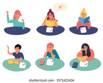 Students and schoolchildren sitting at a desk. Students prepare for exams, students pass the school test.. Vector cartoon illustration