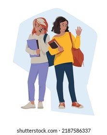 Students, schoolchildren, teenagers. Girlfriends with notebooks and briefcases. The girl is talking on the phone. Back to school. Vector image.