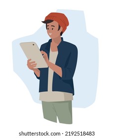 Students, schoolchildren, teenagers. Guy with glasses with a tablet. Vector image.