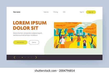 Students in schoolyard. Children and teenagers walking among red trees and school building flat vector illustration. Autumn, back to school concept for banner, website design or landing web page