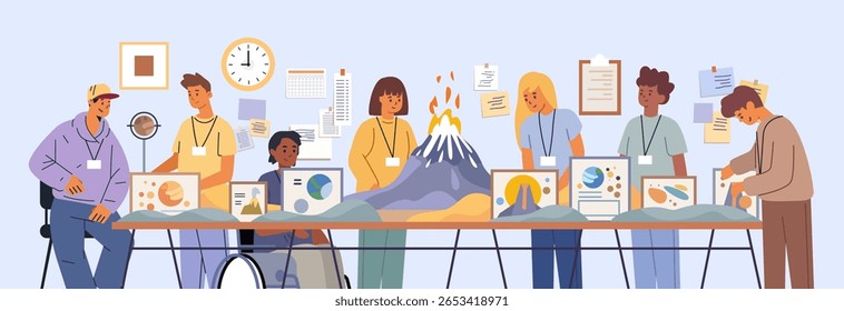 Students science project teamwork volcano experiment diverse group working models charts classroom wall decor educational activity horizontal - Powered by Shutterstock - Get 15% off with code: PIKWIZARD15