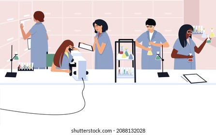 Students or scientists work in a laboratory with a microscope and test tubes. International students engage in scientific experiments in chemistry and biology. Flat vector illustration.