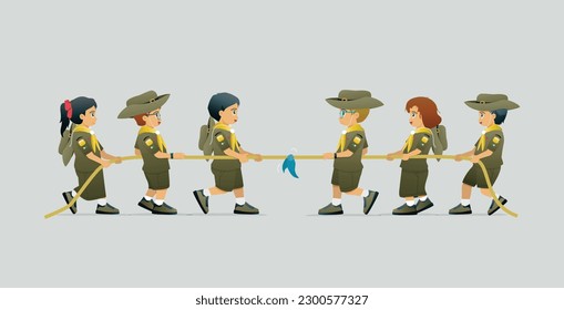 Students in scout uniforms doing tug of war against a gray background.