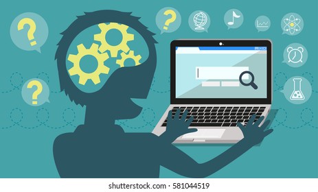 Students search Internet for education on their own. Questioning process succeed. Planning for future. Opportunity learn.