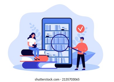Students searching, learning and reading books in database. Tiny man using magnifying glass flat vector illustration. Content, online library concept for banner, website design or landing web page