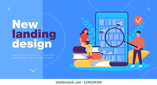 Estudiantes buscando, aprendiendo y leyendo libros en la base de datos. Hombre pequeño con ilustración vectorial plana de lupa. Contenido, concepto de biblioteca en línea para banner, diseño de sitio web o página web de inicio