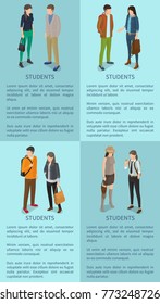 Students set of posters with inscriptions. Isolated vector illustration of stylish men and women communicating on light blue background