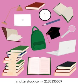 student's set. Subjects for study and school time. Cartoon vector illustration in flat style