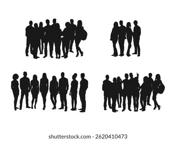 Students Silhouette Set. A collage of silhouette people standing. Full length of silhouette college students standing in line against a white background.