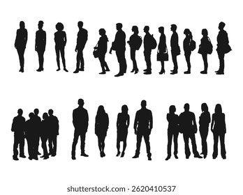 Students Silhouette Set. A collage of silhouette people standing. Full length of silhouette college students standing in line against a white background.