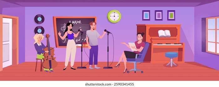 Students singing into microphone, playing on cello and teacher in music classroom vector flat illustration. Orchestra concert lesson performance. Cartoon cabinet with furniture and musical instruments