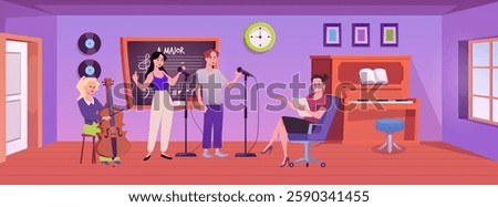 Students singing into microphone, playing on cello and teacher in music classroom vector flat illustration. Orchestra concert lesson performance. Cartoon cabinet with furniture and musical instruments