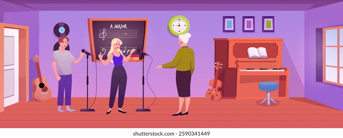 Students singing into microphone and teacher in music classroom vector flat illustration. Cartoon cabinet with furniture and musical instruments. Vocal lesson performance in school room