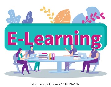 Students Sit Behind Table with Laptops and Books. Distance Learning. E-Learning. Man with Laptop. White Background. Sit at Table. Vector Illustration. Achive Goal. Remote Access. Leaf Through Book.