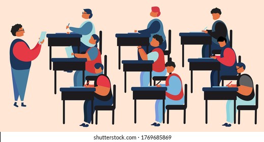students sit in class listening to lessons, writing and learning, The teacher explains the lesson, the class is calm