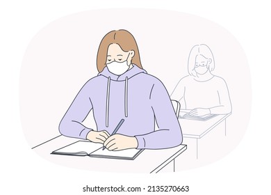 Students sit at desk in facemasks write in notebook study in school or university during covid-19. Girls in facial masks prepare task in college. Education in corona virus time. Vector illustration. 