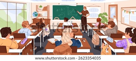 Students sit at desk and listen to lesson in class room back view. Teacher explains for kids near blackboard. Children study, learning, write in school classroom interior. Flat vector illustration