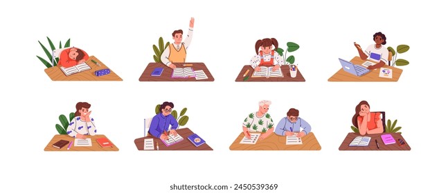 Students sit at desk set. Children study, read textbooks, sleep on table at school lesson. Kids write off test, exam, raise hand to ask or answer. Flat isolated vector illustration on white background